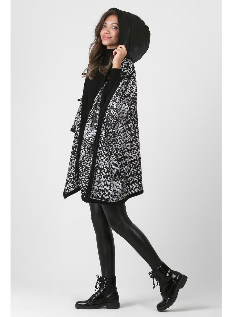 Hamur Dough Hooded Oversize Buttoned Inside Black Plush Velvet Coat Tweed KK-803 - Image 3